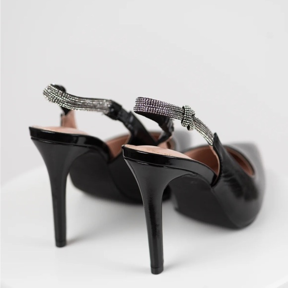New Black Slingback Rhinestone Strap Pointed Heels size 10 - Picture 6 of 8